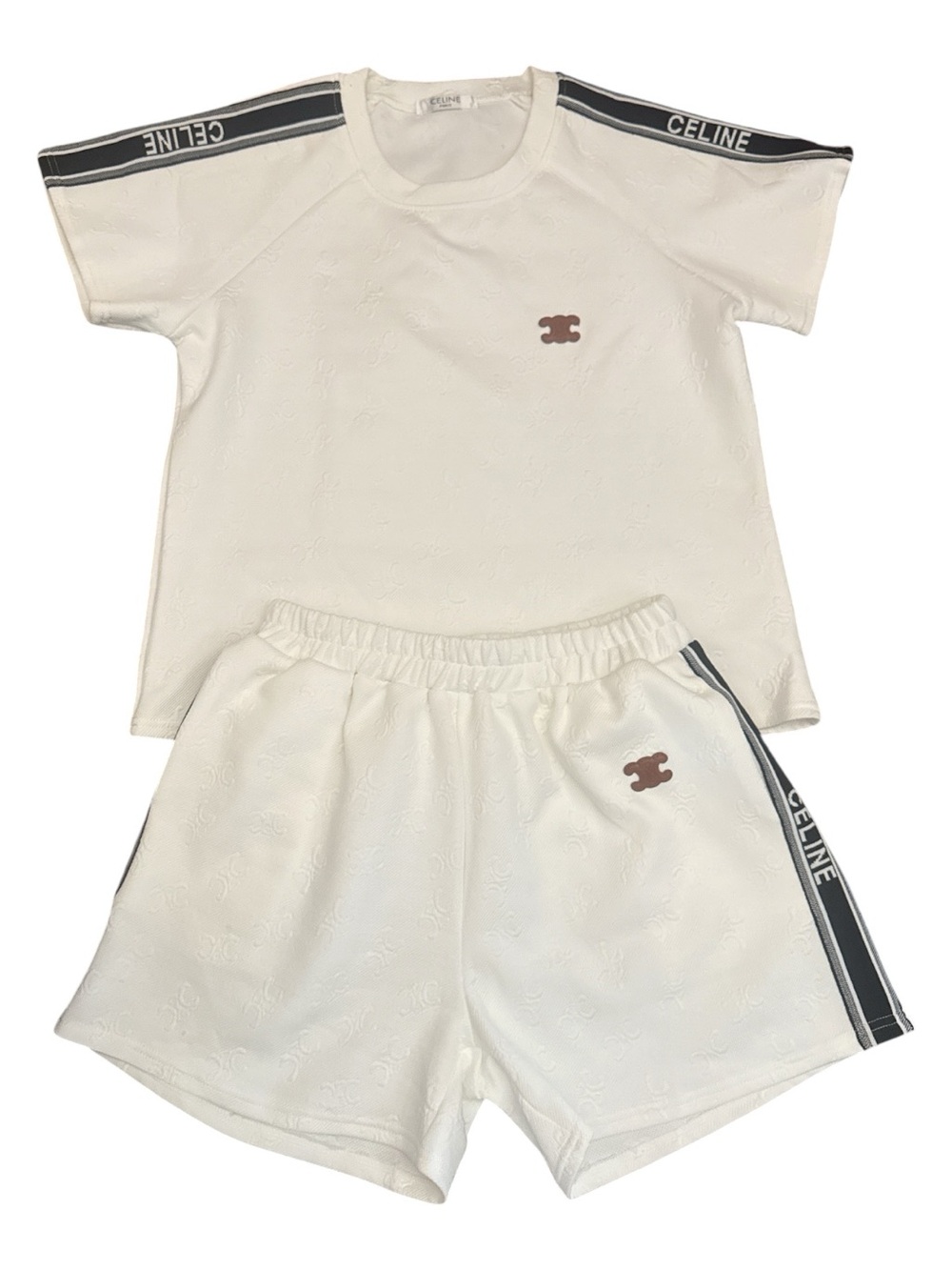 White 2 Piece Loungewear Set Short Sleeve Tee & Shorts Set with Black Logo Tape